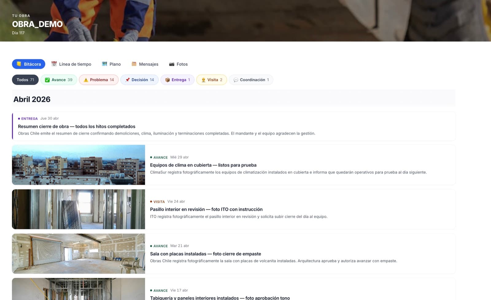 Vista Bitácora de Obra Digital — eventos cronológicos con fotos y resumen